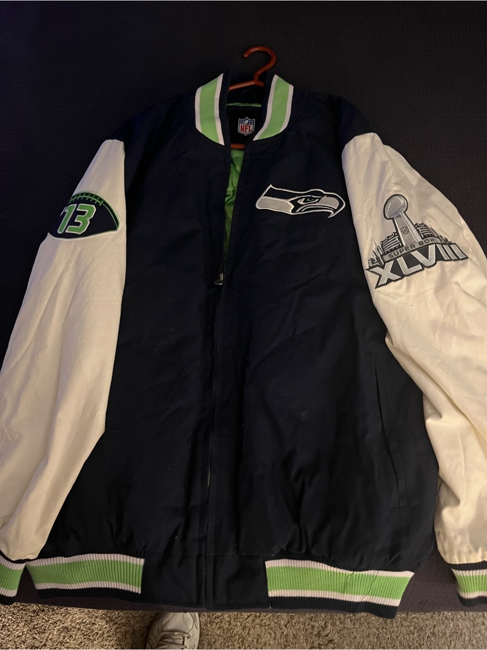 Men's Seahawks superbowl Navy and White Letterman Jacket